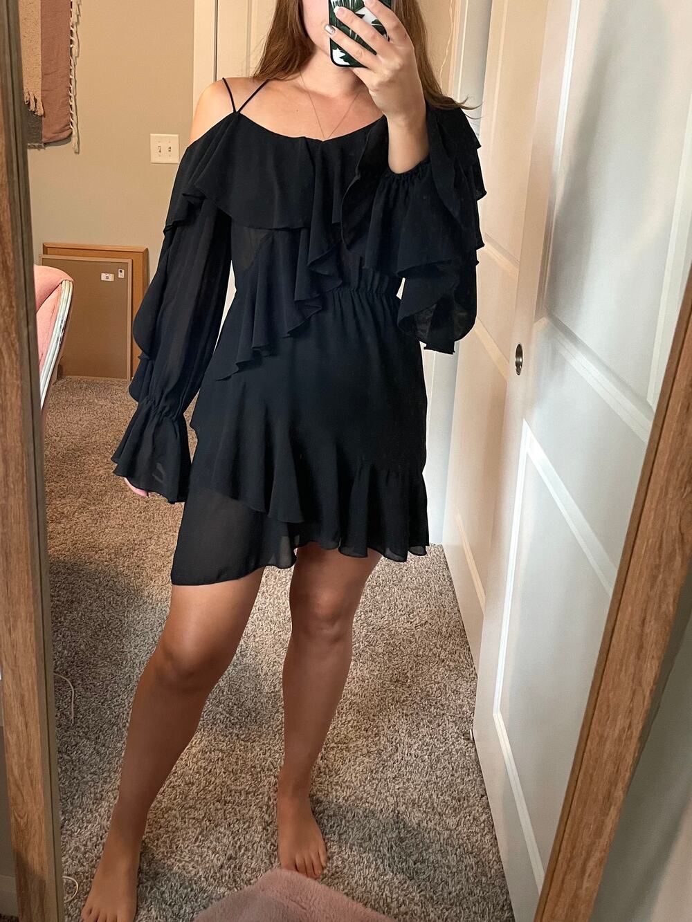 ANGELA MELE MILANO Italian Black Ruffle Dress Long Sleeve M